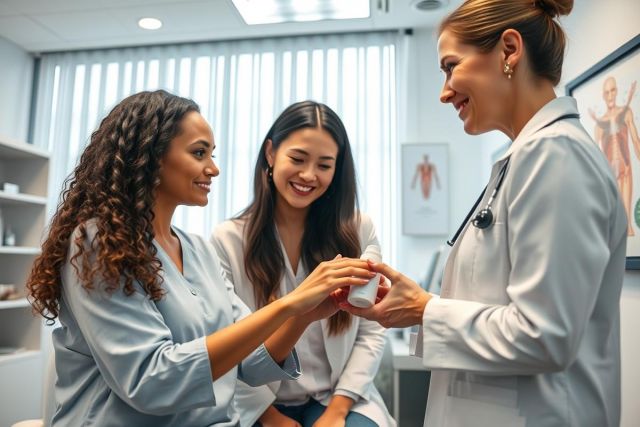 Doctor handing medication to patients in a bright, modern healthcare clinic. Two women, one Black and one Asian, are smiling while receiving the prescription. The scene conveys a positive doctor-patient relationship and focus on health and wellness. White walls and medical charts are visible.