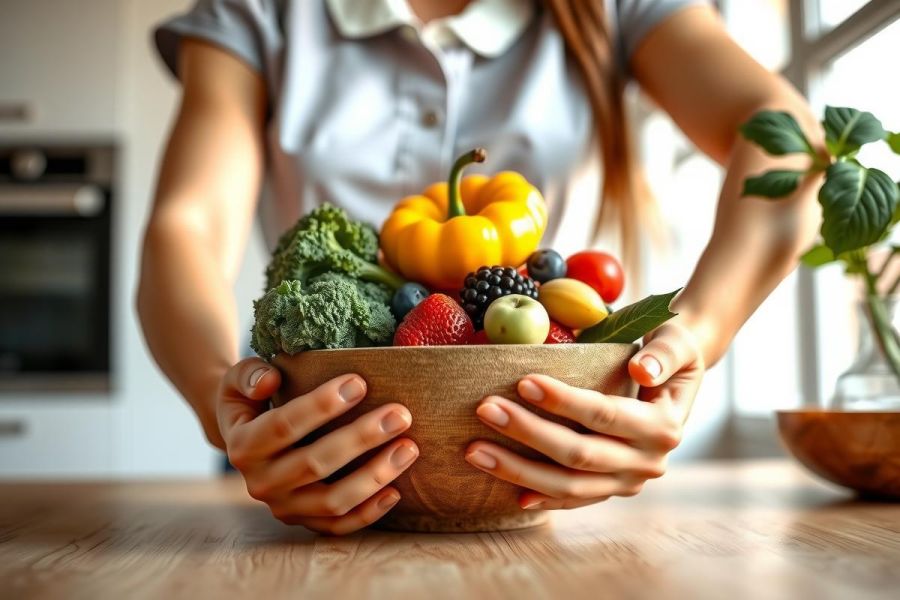 Close-up of a wooden bowl filled with fresh fruit and berries, held by hands. Natural light, kitchen setting, vibrant colors, healthy food concept.