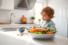 Healthy baby food in a bright, modern kitchen. A toddler reaches for a plate filled with salmon, carrots, spinach, blueberries, and nuts. Focus on nutritious meals and early childhood feeding, featuring a light and airy environment with white cabinets and natural light.