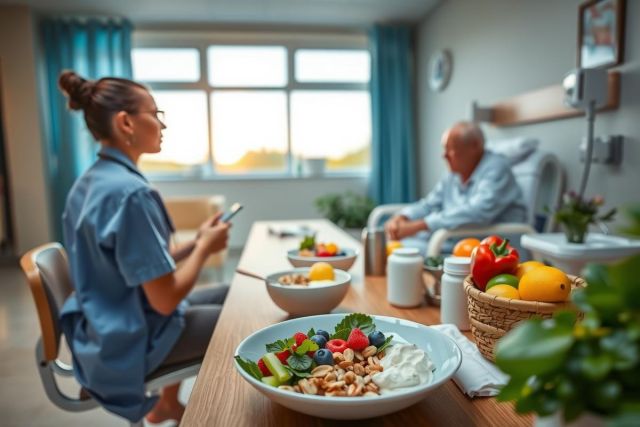 A professional caregiver is seated at a table with an elderly patient. The setting appears to be inside a home or healthcare facility, with natural light coming through the windows. They are engaged in conversation over meals and some fruits. The environment suggests a comfortable and attentive care scenario.