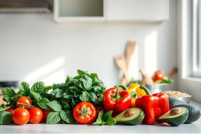 Fresh, vibrant produce on a kitchen counter. Red tomatoes, green basil, colorful peppers, and ripe avocados are arranged with natural light. Healthy eating, cooking ingredients, and a bright, clean kitchen setting.