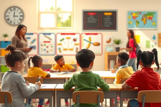 The image depicts a classroom scene with children seated at desks facing the front of the room where a teacher is teaching. The focus is on one child in particular, who appears to be paying close attention to the lesson. The teacher is standing and gesturing as they deliver instruction. The classroom setting is bright and inviting, with educational posters adorning the walls.