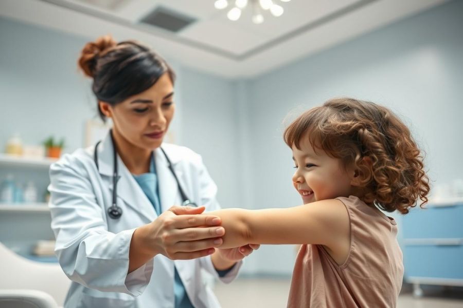 A caring female doctor in a white coat examines a young girl's arm in a bright, modern medical clinic. The scene conveys healthcare, child wellness, and a positive doctor-patient relationship with soft blue and neutral tones.