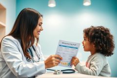 A female doctor in a white coat consults with a young girl in a bright, blue-toned clinic. They are reviewing an asthma action plan document. Healthcare, child wellness, and medical consultation are key themes. The scene conveys a positive and supportive doctor-patient relationship.