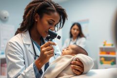 Doctor examining a baby's ear in a bright, modern clinic. A healthcare professional in a white coat uses an otoscope on an infant, with another medical worker in the background. Focus on pediatric care and medical examination.