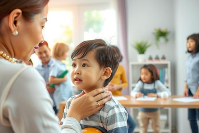 The image depicts an indoor classroom setting. In the center, a teacher is interacting with a young student wearing a blue and grey top. The teacher has one hand on the child's chest in a gesture that could indicate encouragement or teaching. Around them are other students engaged in learning activities at their desks. 