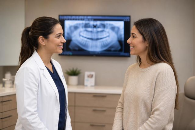 Dentist consulting a smiling adult patient in modern dental exam room with X-ray display.