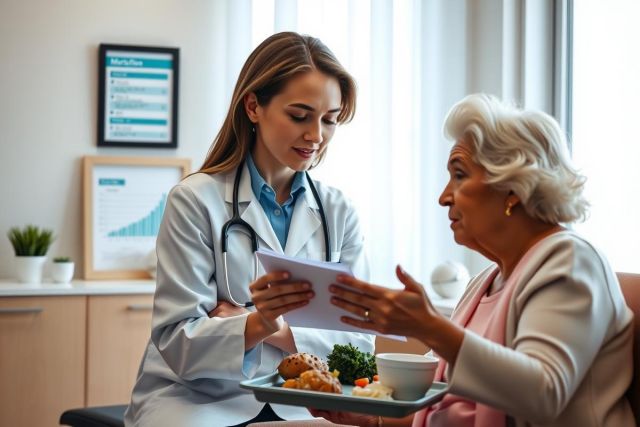 A doctor discusses a medical report with a patient in a bright, modern healthcare setting. The image conveys care and consultation, potentially related to senior health or patient care.