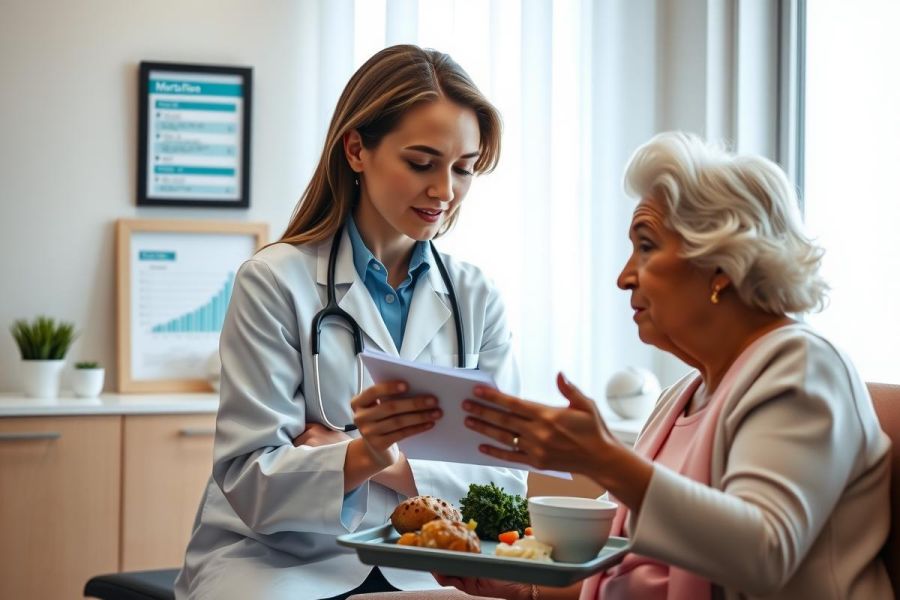 A doctor discusses a medical report with a patient in a bright, modern healthcare setting. The image conveys care and consultation, potentially related to senior health or patient care.