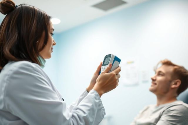 Healthcare professional in a medical clinic uses a hearing test device on a patient. Blue walls and a modern setting suggest a clinical environment. Focus on audiology, hearing assessment, and medical examination.