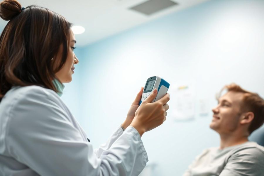 Healthcare professional in a medical clinic uses a hearing test device on a patient. Blue walls and a modern setting suggest a clinical environment. Focus on audiology, hearing assessment, and medical examination.