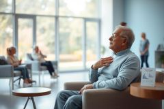Senior man in a modern waiting room, possibly a healthcare setting. Features include large windows with greenery, muted blue walls, and other seated individuals. Focus on aging, wellness, and patient care themes.