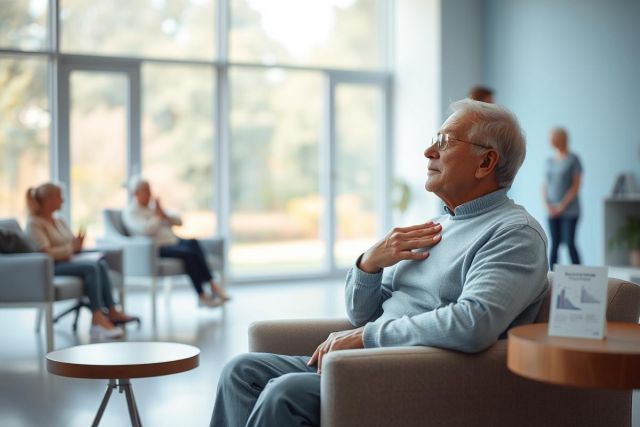 Senior man in a modern waiting room, possibly a healthcare setting. Features include large windows with greenery, muted blue walls, and other seated individuals. Focus on aging, wellness, and patient care themes.