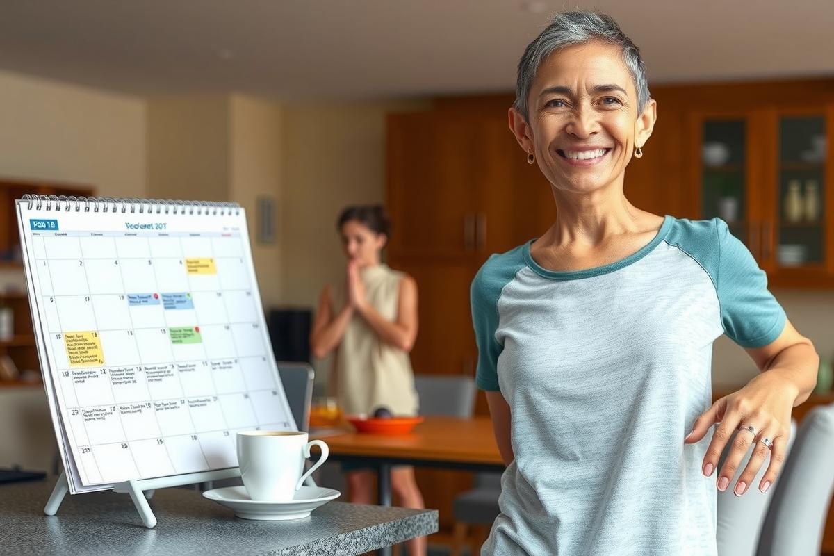 The image features a woman in an indoor setting, possibly her home or office. She is standing and smiling at the camera. The central focus of the image is a whiteboard calendar placed on a table in front of her. The calendar has various colorful sticky notes attached to it, which suggests that it's being used for planning or tracking tasks. In the background, there are other people present, indicating a social or collaborative environment. The colors in the image are warm and bright, creating a positive atmosphere.