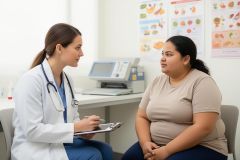Doctor discussing weight management and nutrition with an adult patient in a clinic exam room.