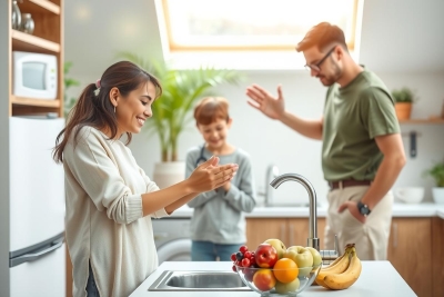 Family in a bright kitchen. A mom and son playfully interact near a counter with fruit. The dad is in the background. The scene is warm and inviting with natural light.