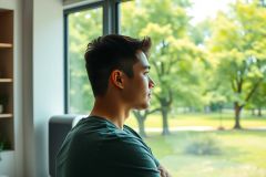 Young man in profile gazing out a window at a lush green park. Modern interior, natural light, thoughtful expression. Focus on contemplation, nature, and a peaceful setting. Ideal for stock photography related to calm, reflection, and well-being.