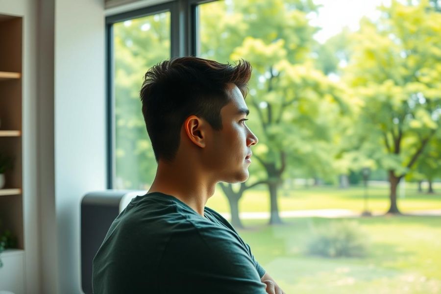 Young man in profile gazing out a window at a lush green park. Modern interior, natural light, thoughtful expression. Focus on contemplation, nature, and a peaceful setting. Ideal for stock photography related to calm, reflection, and well-being.