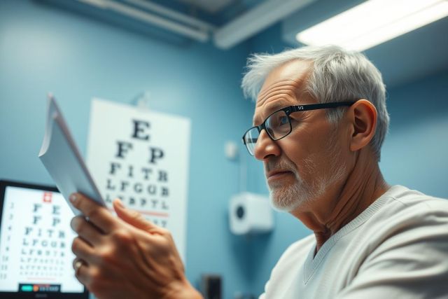 Senior man wearing glasses having an eye exam. He's focused on an eye chart in a blue-toned doctor's office setting. Healthcare, vision care, and elderly health are key themes.