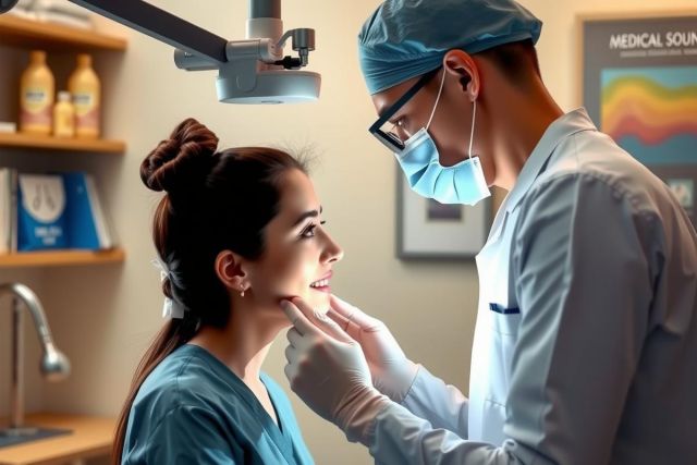 The image shows a doctor's office setting. A doctor wearing surgical equipment and a mask examines a patient's nose. The doctor appears to be performing a routine post-nasal surgery checkup.