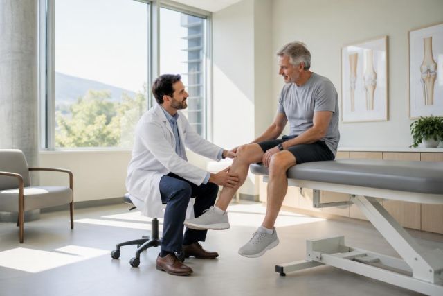 Clinician examining older man's knee on exam table in bright clinic with knee anatomy posters.