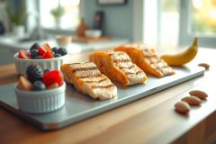 Grilled salmon fillets on a gray plate with fresh berries (strawberries and blueberries) and a banana. Healthy breakfast or meal idea, food photography, vibrant colors, close-up shot.