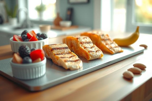 Grilled salmon fillets on a gray plate with fresh berries (strawberries and blueberries) and a banana. Healthy breakfast or meal idea, food photography, vibrant colors, close-up shot.