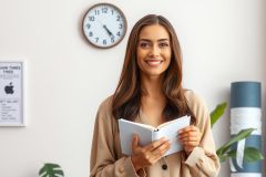 A young woman in a professional setting, looking at her tablet with a friendly smile. She's wearing a beige coat and is surrounded by office decor, including a potted plant.