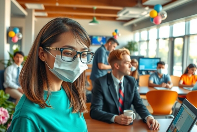 A young woman wearing a face mask is seated at a desk in an office environment. There are other individuals visible, some sitting and others standing, all engaged in various activities. The room has modern furnishings such as chairs with colorful cushions, and there are plants adding a touch of greenery to the space.