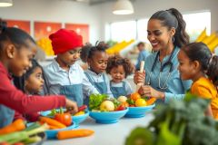 A cooking class with children preparing food. A woman in a blue apron guides kids arranging vegetables like carrots, tomatoes, and lettuce in bowls. The scene features bright colors and a focus on healthy eating.
