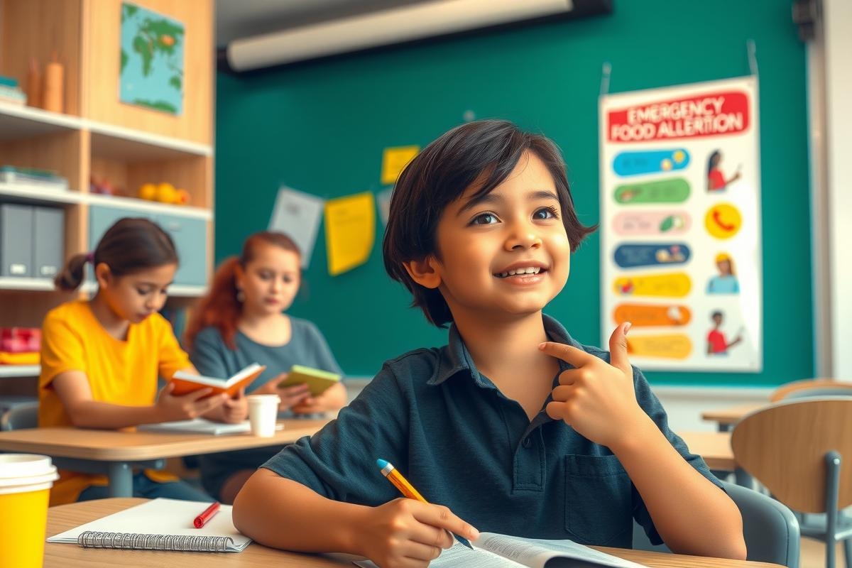 This image captures a lively classroom scene. A young boy is sitting at his desk, holding up a thumb and a pencil, seemingly posing for the photo with a bright smile on his face. His enthusiasm adds a cheerful vibe to the setting. The environment includes other students engaged in various tasks, suggesting an active learning atmosphere. The colors are vibrant, enhancing the energetic feel of the classroom.