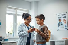 Doctor examining a young boy in a bright, modern clinic. The healthcare professional, wearing glasses and a lab coat, uses a smartphone while assessing the child. The scene suggests a pediatric checkup or asthma awareness. Light colors and a clean environment create a welcoming atmosphere.
