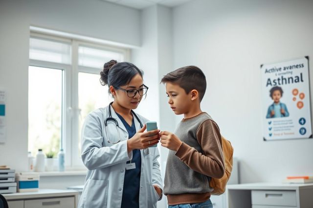 Doctor examining a young boy in a bright, modern clinic. The healthcare professional, wearing glasses and a lab coat, uses a smartphone while assessing the child. The scene suggests a pediatric checkup or asthma awareness. Light colors and a clean environment create a welcoming atmosphere.