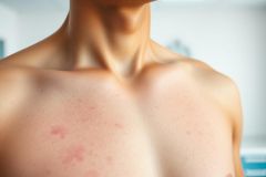 Close-up of skin rash on a person's chest and neck. Red, irritated skin with visible bumps and inflammation. Focus on dermatology, skin conditions, and potential allergic reactions. Healthcare and medical imagery.