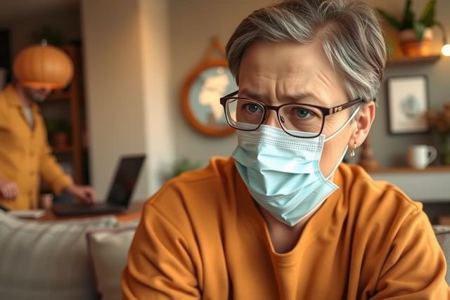 The image depicts a healthcare worker wearing personal protective equipment (PPE), including a face mask and orange scrubs. The worker is seated at a table in what appears to be an indoor setting, possibly a home or clinic environment. There's another person partially visible on the left side of the image who seems to be engaged in some activity, potentially related to the healthcare field due to the presence of medical equipment and documents.