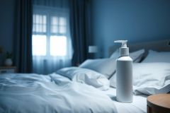 White lotion bottle on a neatly made bed in a peaceful, blue-toned bedroom. Soft lighting and a window suggest a spa-like or relaxing atmosphere. Focus on skincare, wellness, and a serene bedroom setting.