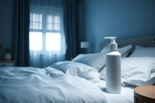 White lotion bottle on a neatly made bed in a peaceful, blue-toned bedroom. Soft lighting and a window suggest a spa-like or relaxing atmosphere. Focus on skincare, wellness, and a serene bedroom setting.