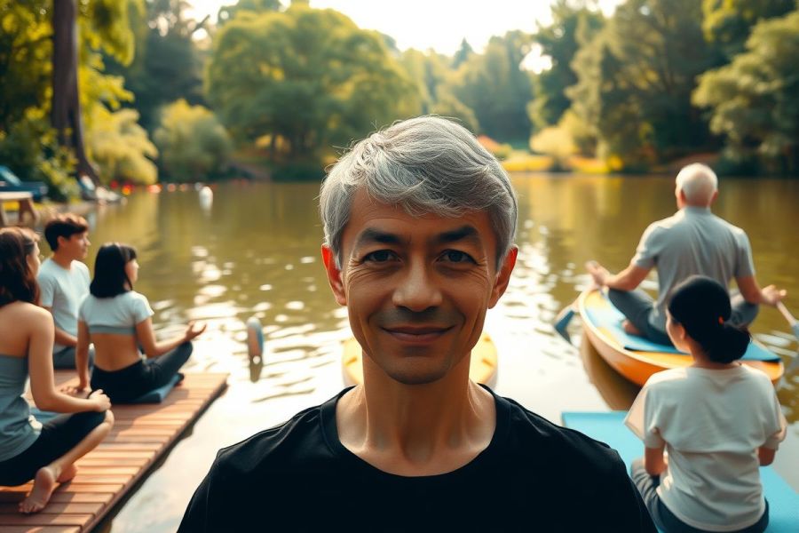 In the image, there is a group of people enjoying an outdoor activity on a sunny day. They are seated around a wooden dock that extends into a calm body of water with boats visible in the distance. The environment suggests a peaceful and recreational setting, possibly during a yoga or meditation session given the serene atmosphere and relaxed postures of the participants.