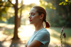 Woman meditating outdoors in a sun-dappled forest. Peaceful scene with natural light and a serene atmosphere. Focus on well-being and mindfulness in nature.