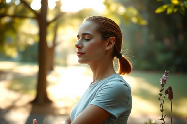 Woman meditating outdoors in a sun-dappled forest. Peaceful scene with natural light and a serene atmosphere. Focus on well-being and mindfulness in nature.