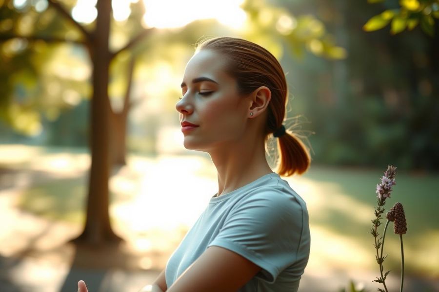 Woman meditating outdoors in a sun-dappled forest. Peaceful scene with natural light and a serene atmosphere. Focus on well-being and mindfulness in nature.