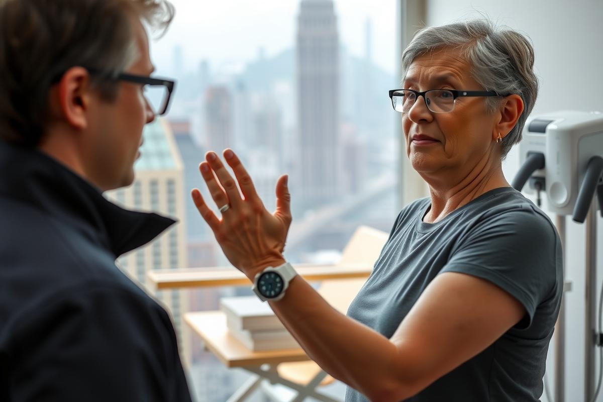 In the image, a woman is standing in front of a man who is seated. She appears to be instructing or explaining something to him with her hands outstretched as if she's drawing attention to her words.