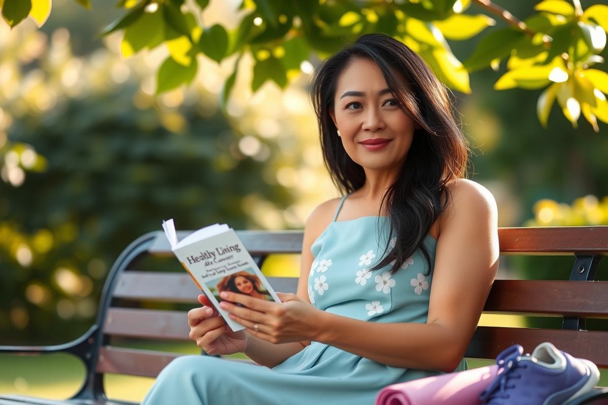 This image captures a serene scene of a woman sitting on a park bench, engaged in reading a book. She is wearing a blue dress and appears to be enjoying her time outdoors. The bench is situated under the shade of a tree, suggesting a peaceful setting for relaxation and leisure. The presence of books further emphasizes the theme of reading and leisurely activities.