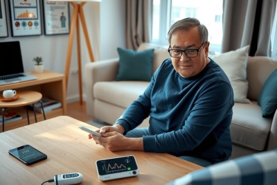 A man sitting in a home office setting, holding what appears to be an electronic medical device or monitor, possibly connected to his wrist. He is wearing glasses and a dark long-sleeved shirt.
