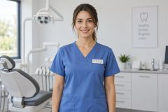 Smiling dental professional in clinic foreground, dental chair and instruments visible behind.
