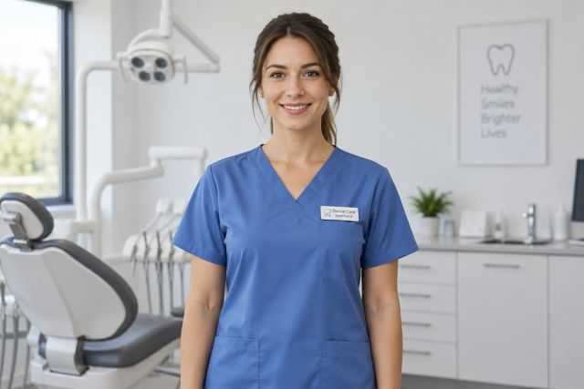 Smiling dental professional in clinic foreground, dental chair and instruments visible behind.