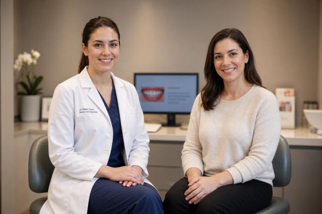 Dentist and patient seated in a calm dental consultation room with a monitor showing teeth.
