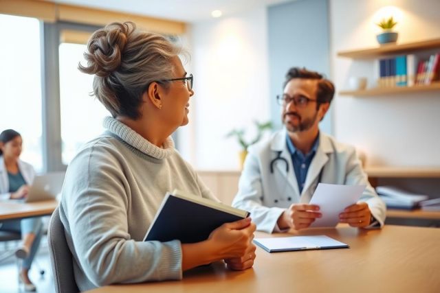Doctor consults with a patient in a modern medical office. The scene shows a doctor and patient discussing papers, suggesting a check-up or consultation.  Bright and professional environment.