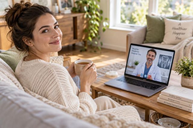 Woman relaxed on sofa during dental teleconsultation, holding a mug in a bright living room.