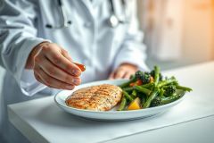 Healthcare professional in white coat preparing a healthy meal. Grilled chicken breast and green beans with vegetables on a white plate. Focus on nutritional diet and wellness concept. Bright, clean, and professional setting.